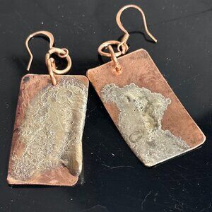 Sterling Silver 925 Reticulated Copper Earrings Rustic Gift Handmade Brutalist